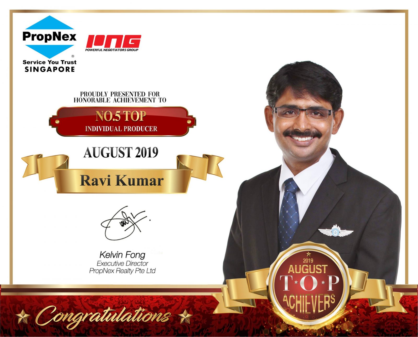 Individual Producer - No.5 Top AUGUST 2019 - Ravi Kumar president-award